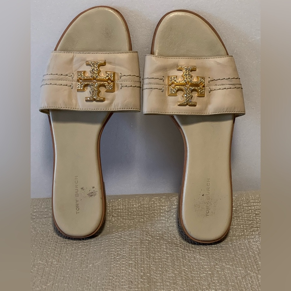 Tory Burch Everly Slide Sandals Calf Leather Crystal Logo Size 7.5M Preowned